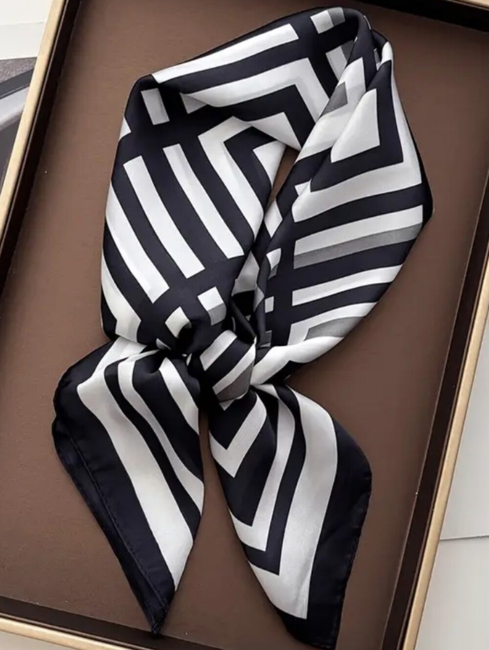 Silk-feel Black & White Geometric Women's Head Scarf , Neck Scarf